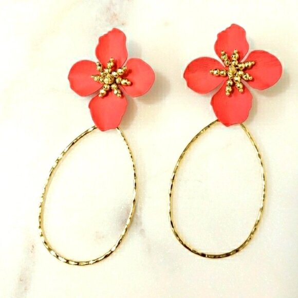 New Red Floral Drop Earrings in Gold - Picture 4 of 4